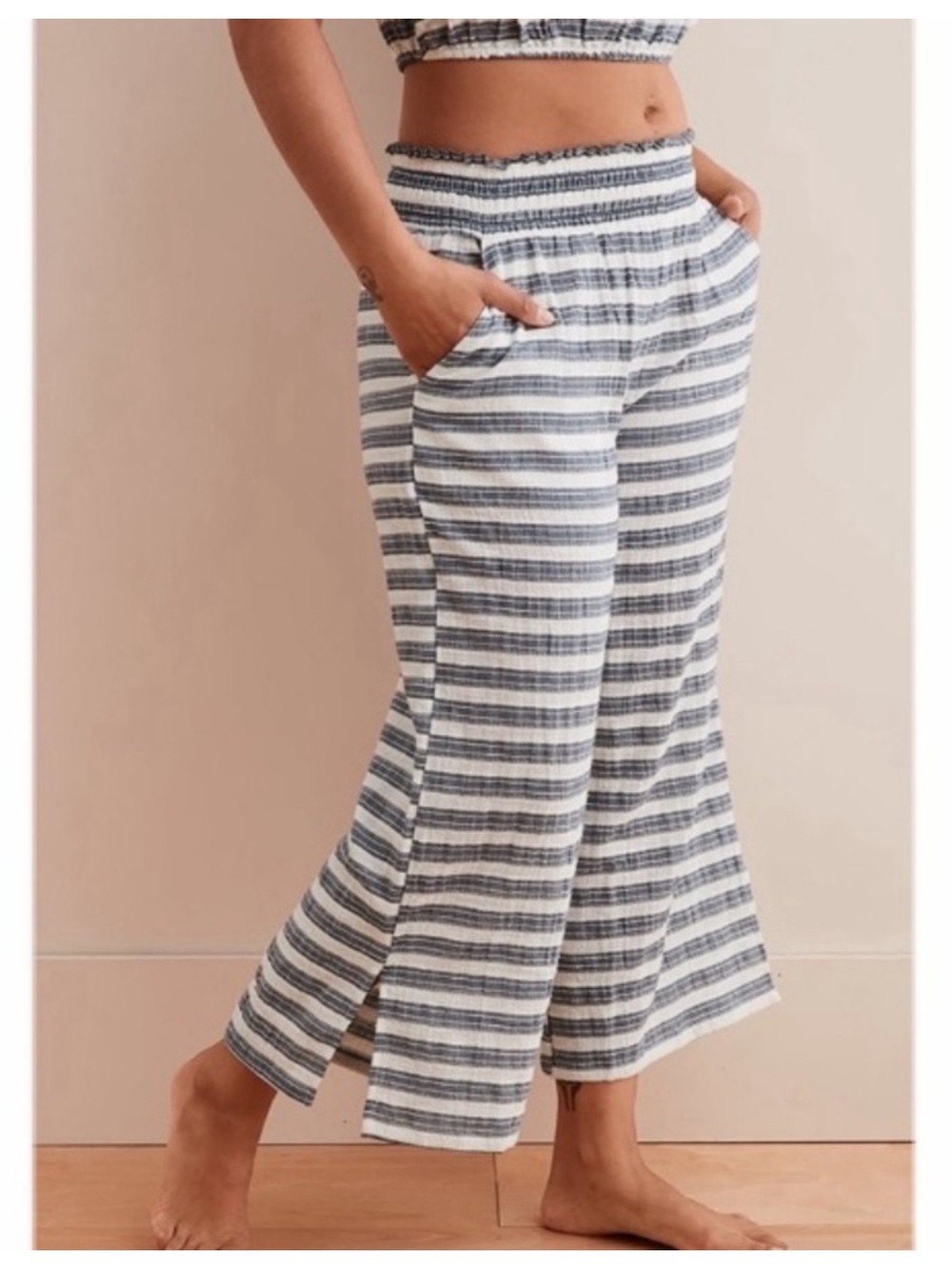 Aerie Navy Stripe Gauze Wide Leg Pants Smocked Crop Coastal Beach Boho Natural